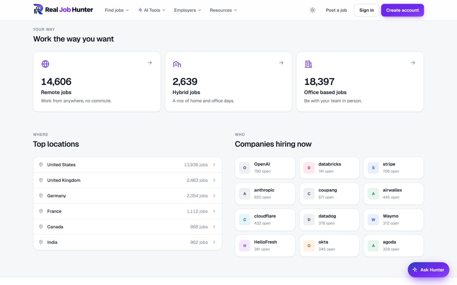 Real Job Hunter browse by category section