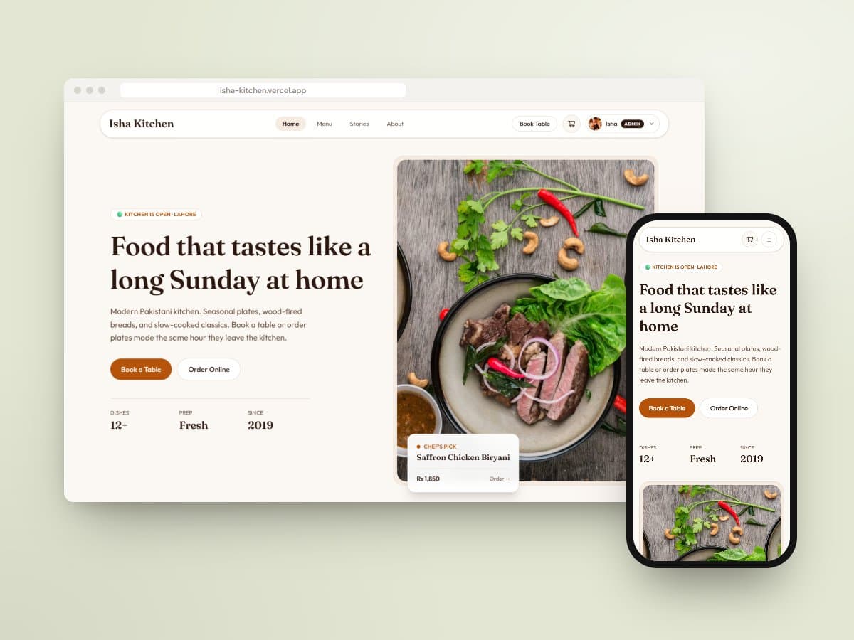 Isha's Kitchen website on desktop and mobile