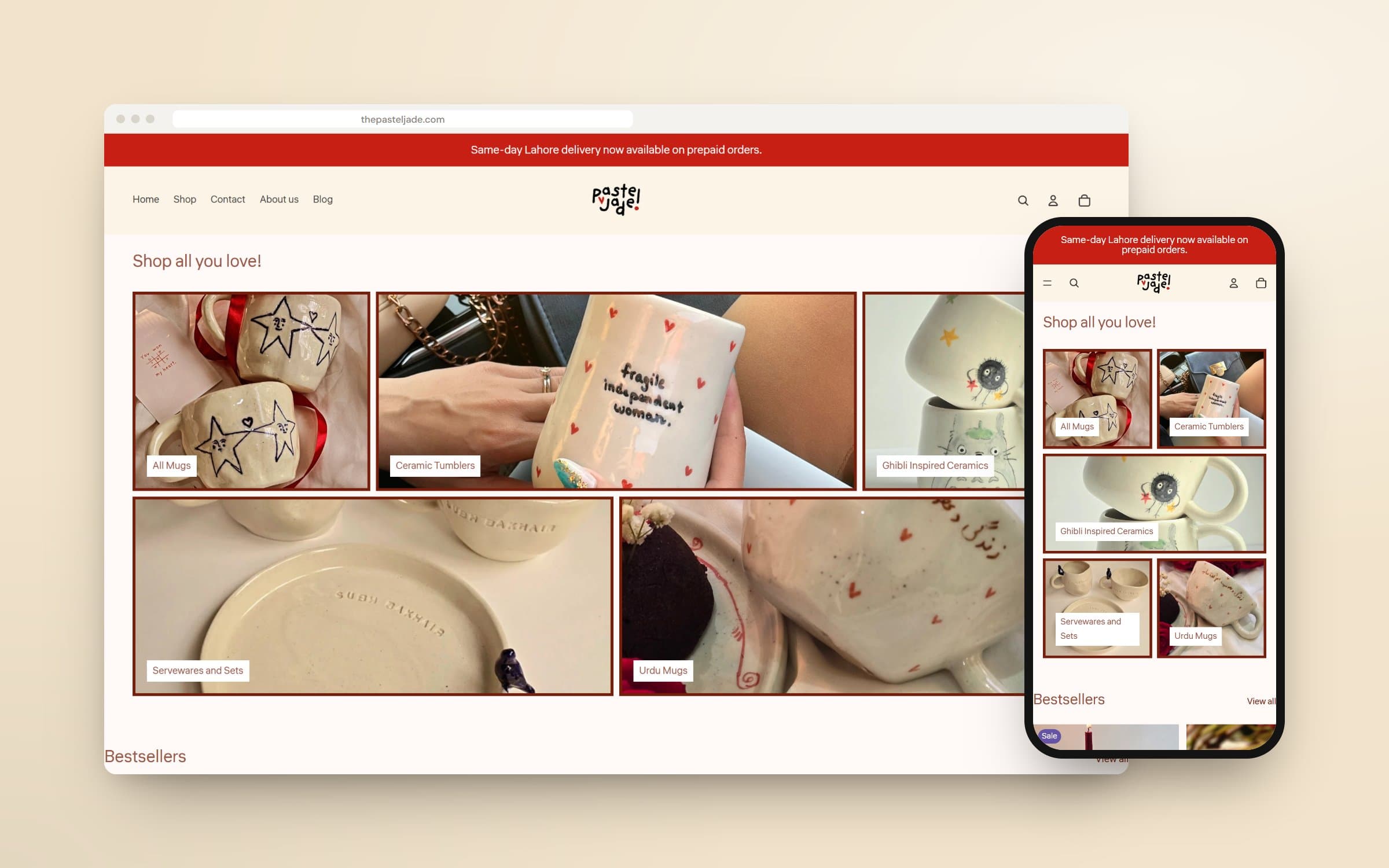 The Pastel Jade: Handmade ceramics project shown on desktop and mobile