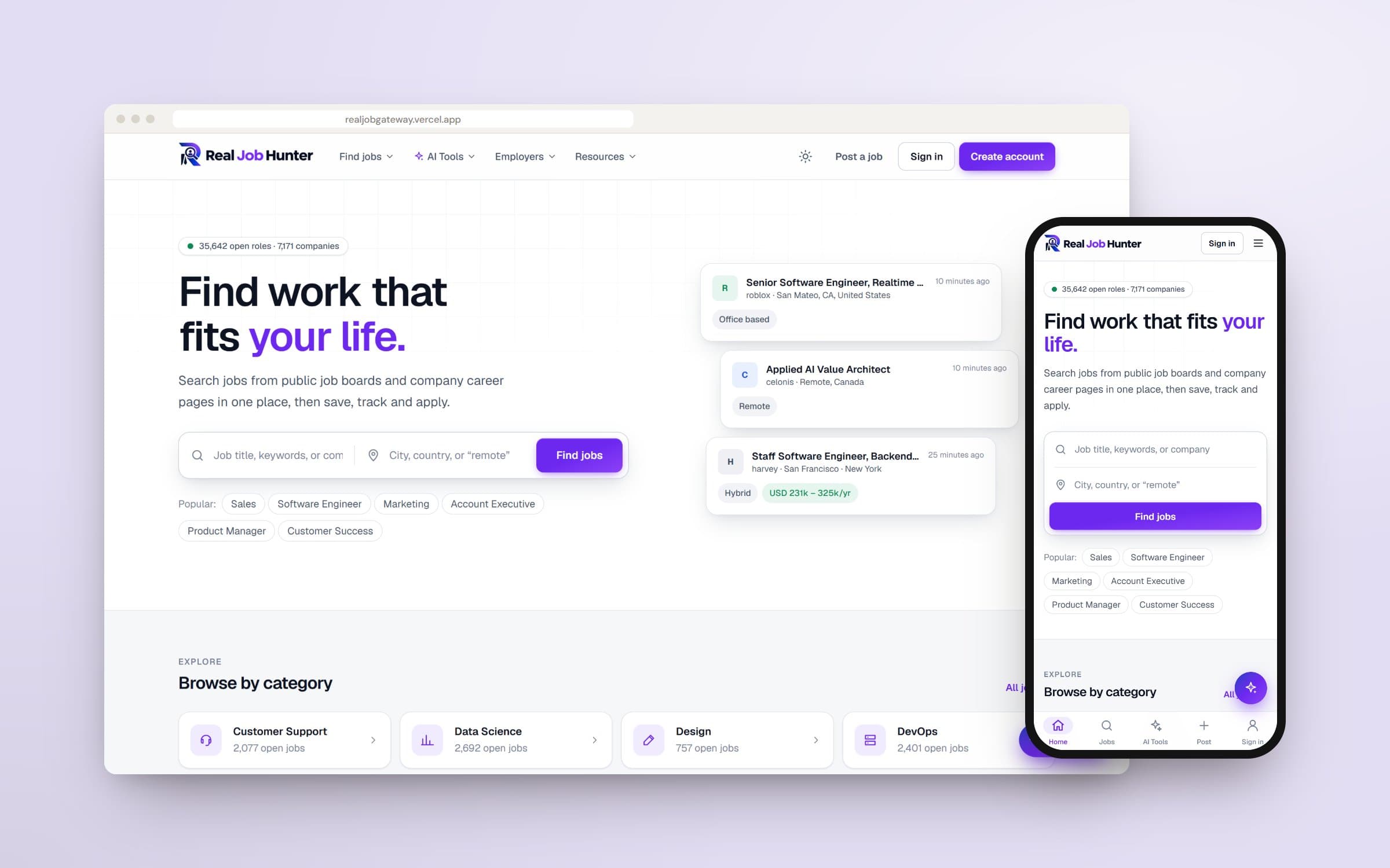 Real Job Hunter: Job search platform project shown on desktop and mobile