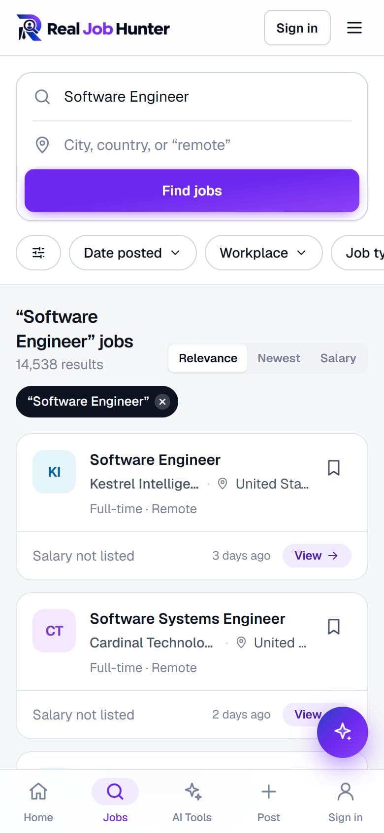 Real Job Hunter screen