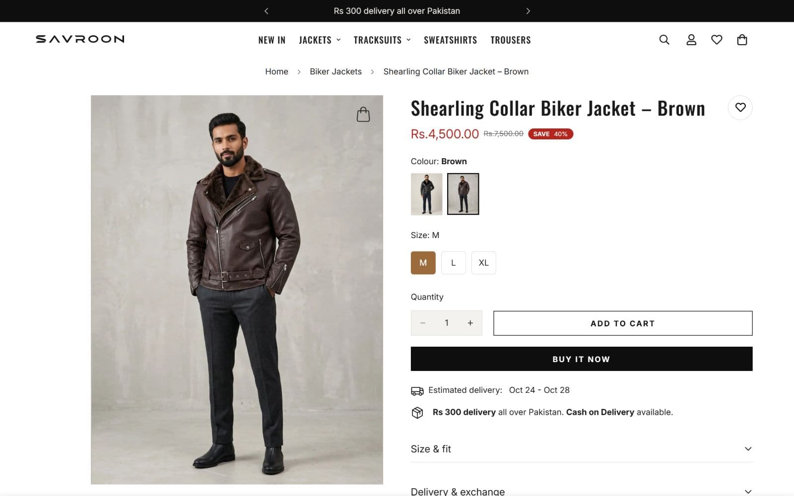 Savroon product page with product imagery, price and size selection