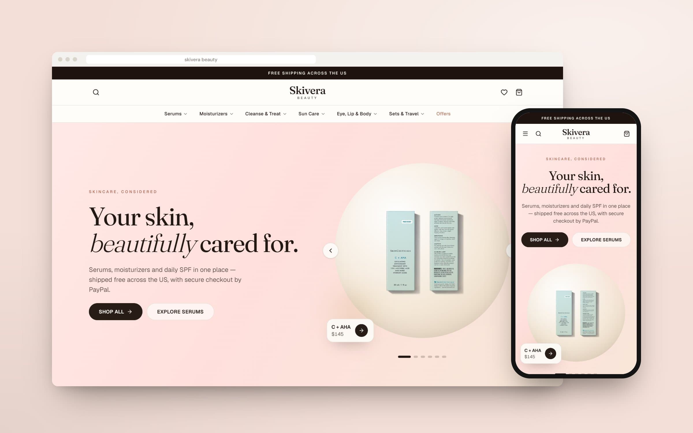 Skivera Beauty: Skincare ecommerce project shown on desktop and mobile